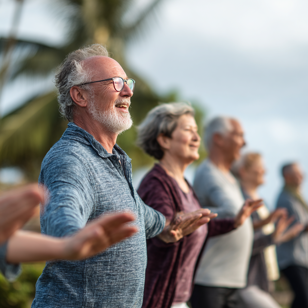 Group of middle-aged adults engaged in gentle movement therapy session outdoors