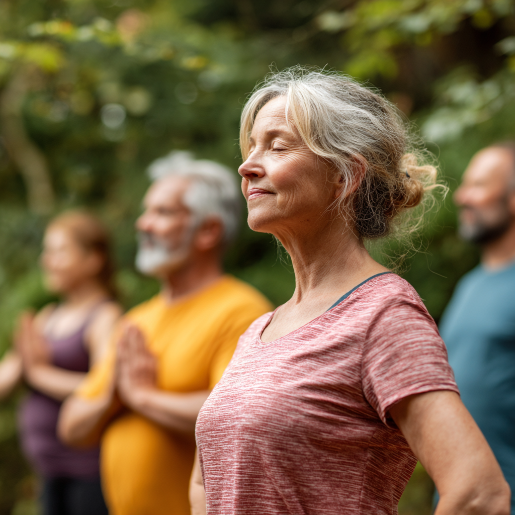 Middle-aged adults practicing gentle movement exercises in natural outdoor setting